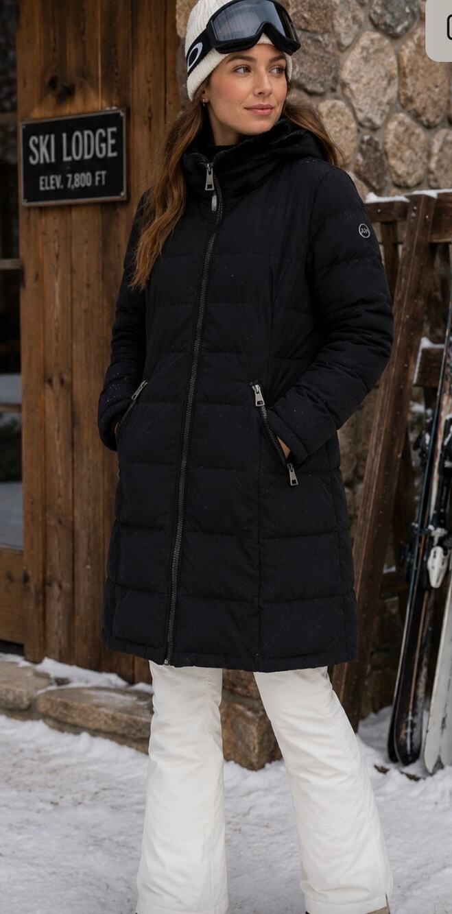 Andrew Marc Women’s Black Long Puffer winter Coat Faux Fur Collar ski outdoors M
